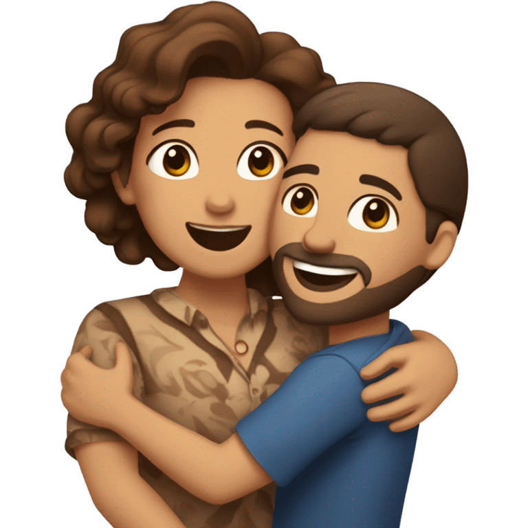 Brown-haired Puerto Rican woman with dark brown eyes wearing a cute blouse giving comforting hug to short, bald man with brown eyes, laugh lines, and a beard emoji