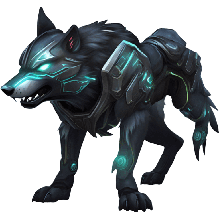 Warframe-inspired wolf Warframe with sleek biomechanical armor, a snarling wolf-like helmet, glowing eyes, and clawed gauntlets. Dark metallic colors with glowing energy lines, blending feral agility and deadly stealth. emoji