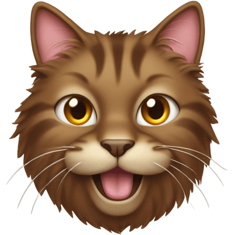 Fluffy brown cat with mouth open tongue out emoji