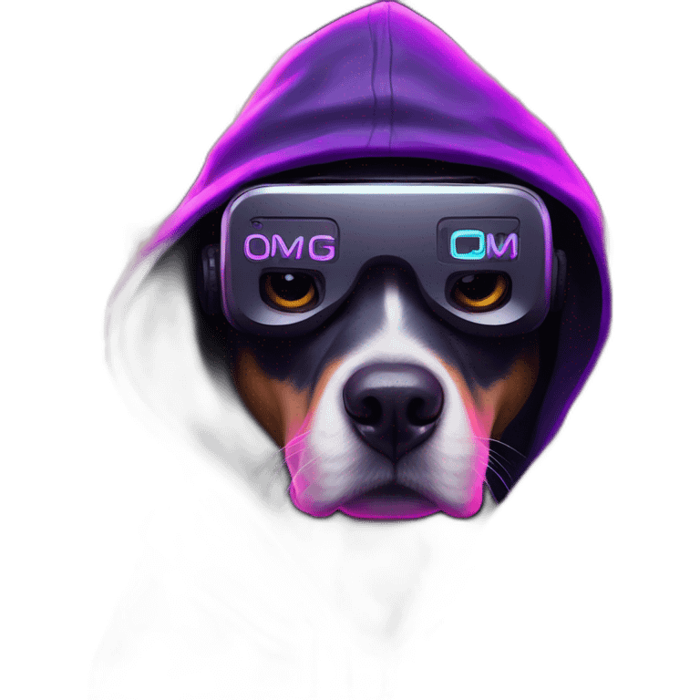 funny dog wearing a black hoodie with "OMG" letters on it and VR headset in a cyberpunk VR environment with violet neon lighting. emoji