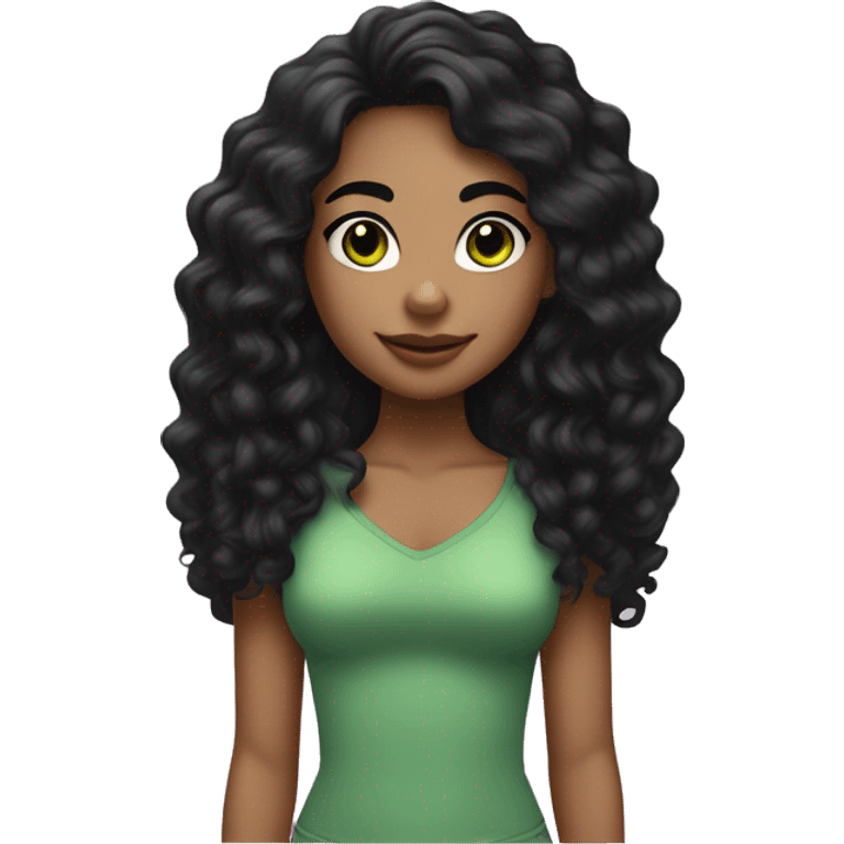 long curly black hair, full body head to toe, eyes with a hint of green, eyes positive  canthal tilt ,medium thick eyebrows , and thin lips, round face shape, soft jawline, full body, teen, sensual, american, woman, well defined feminine body emoji