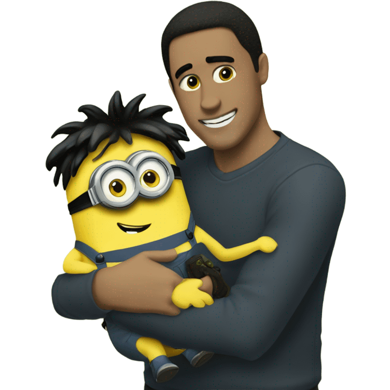 white male, brown eyes, black hair hugging and holding a minion with green eyes emoji