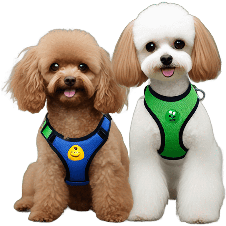 Brown toy poodle with dark blue harness and white Maltese with green harness emoji