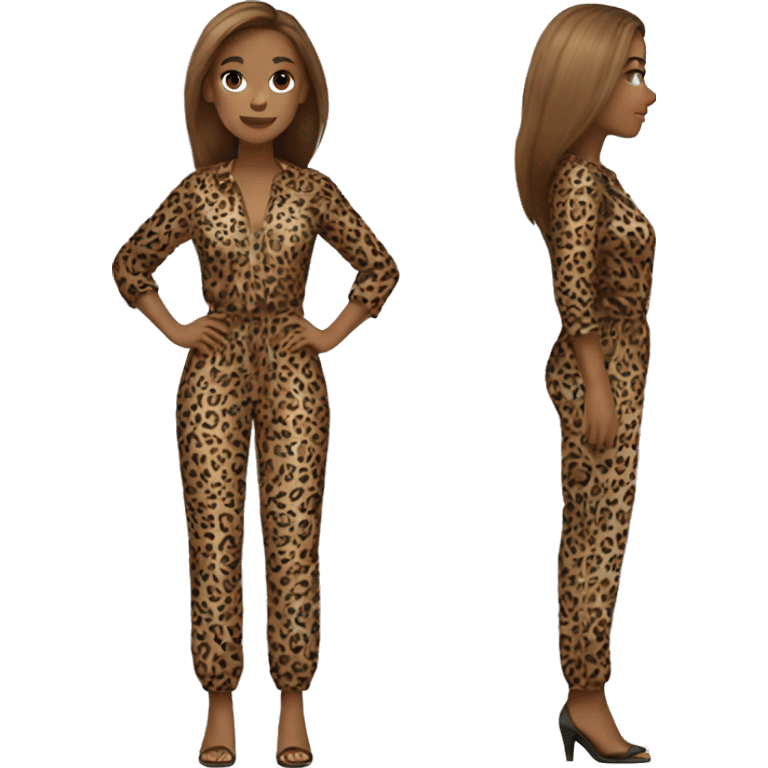 jumpsuit leopard print, light brown straight hair, full body emoji