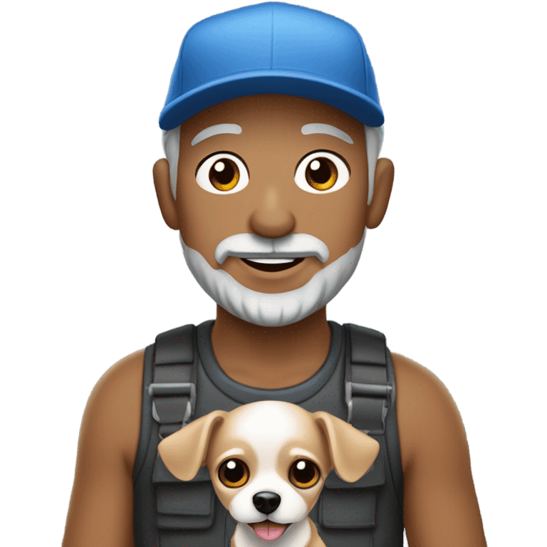 blue eyed man with gray hair gray goatee wearing ball cap holding chihuahua with long black hair emoji