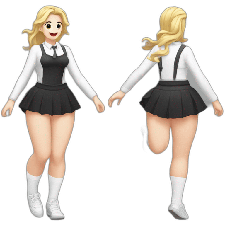 full body caucasian curvy beauty jumping short black skirt back and front views strong wind white knickers long white socks emoji