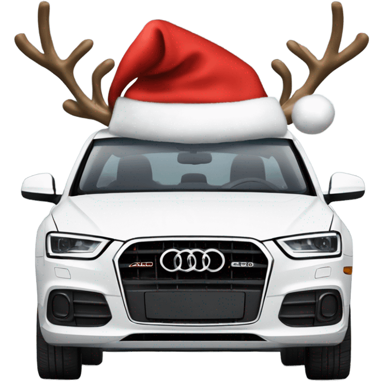 A white Audi Q3 as Santa Claus’s modern sleigh, harnessed to a reindeer with a red bridle and golden bells, set in a snowy winter scene. emoji