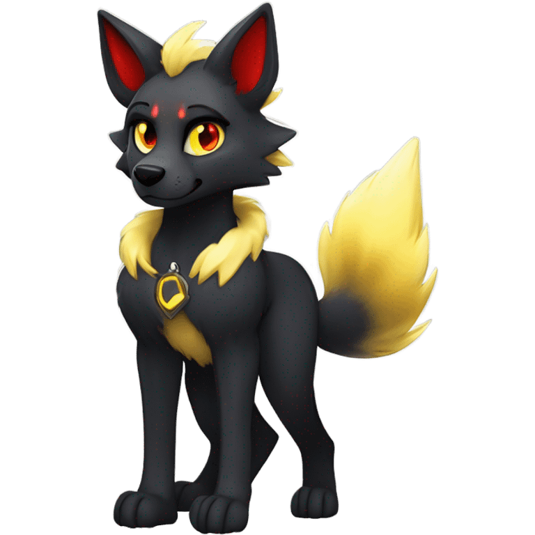 black Shiny Fionbri-Falvie-sparkle-wolf-sona with yellow eyes, red edgy markings full body fursona emoji