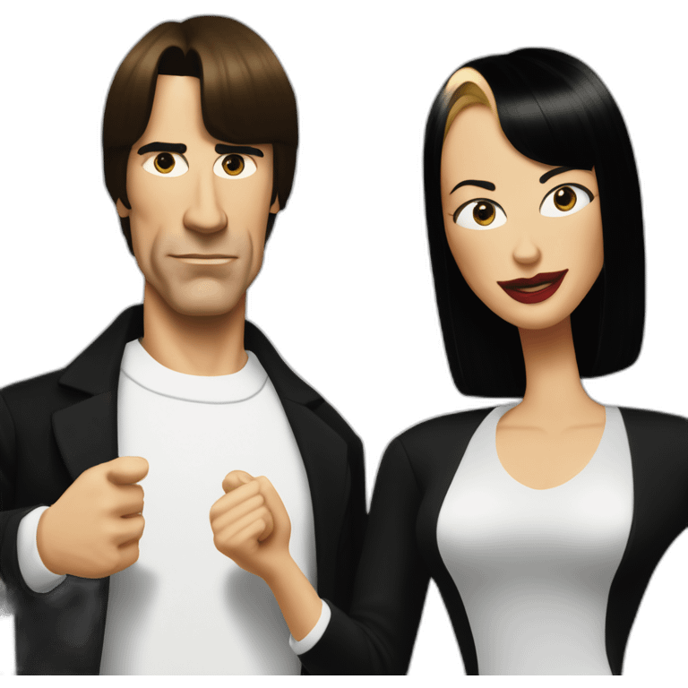 Uma Thurman with black hair and black pants  and John Travolta dancing in Pulp Fiction emoji