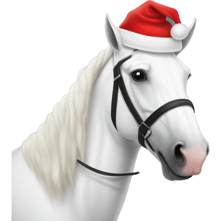 A white horse wearing santas hat emoji