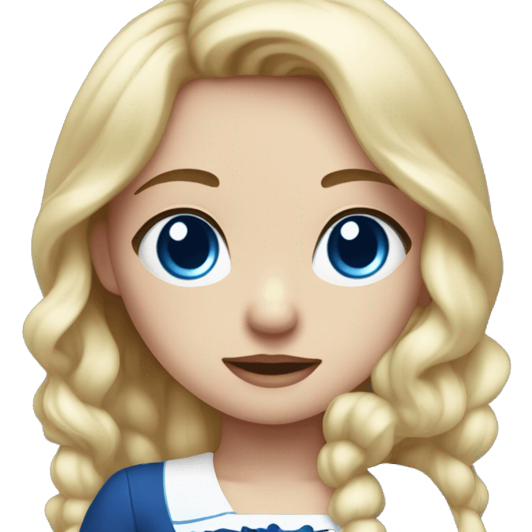 a cute girl with blonde hair with red ribbion wearing dark blue and white coloured dress and have blue eyes. emoji