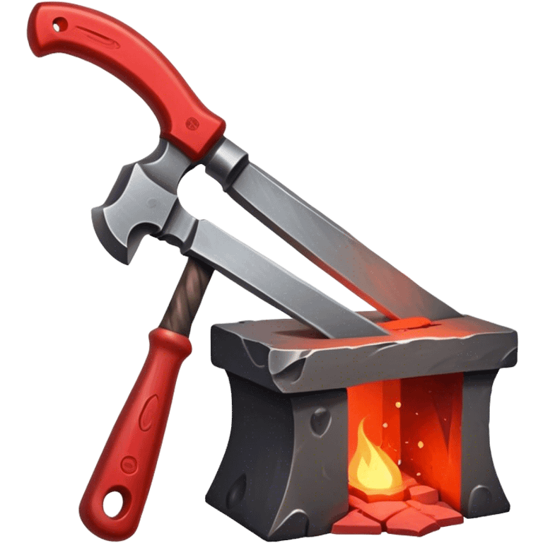 Blacksmithing icon, forged metal piece being shaped with hammer and anvil, glowing red-hot metal, blacksmith tools like tongs and chisel, sparks flying, minimalistic style, clean lines, transparent background. emoji