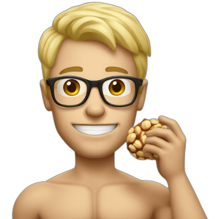 Blond man glasses muscle eat hazelnut emoji