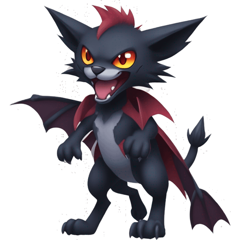   cool edgy beautiful fantasy anime-style dark animal vampiric Litten-Zoroark-cat-hybrid Fakemon with big fangs and bat-ears full body emoji