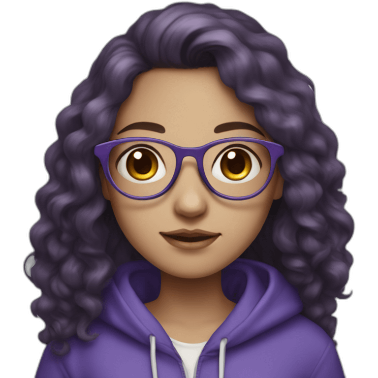 full length girl in a purple hoodie, glasses with big blue eyes and white skin and curly dark browny long hair emoji