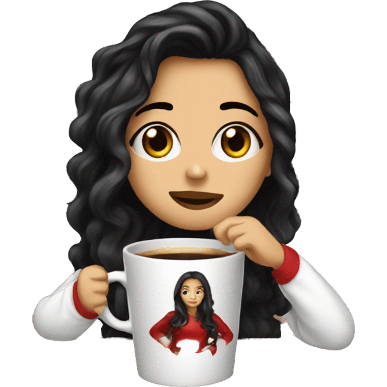 a white girl wirh a wavy black hair drinking coffe with ª christmas pijama  emoji