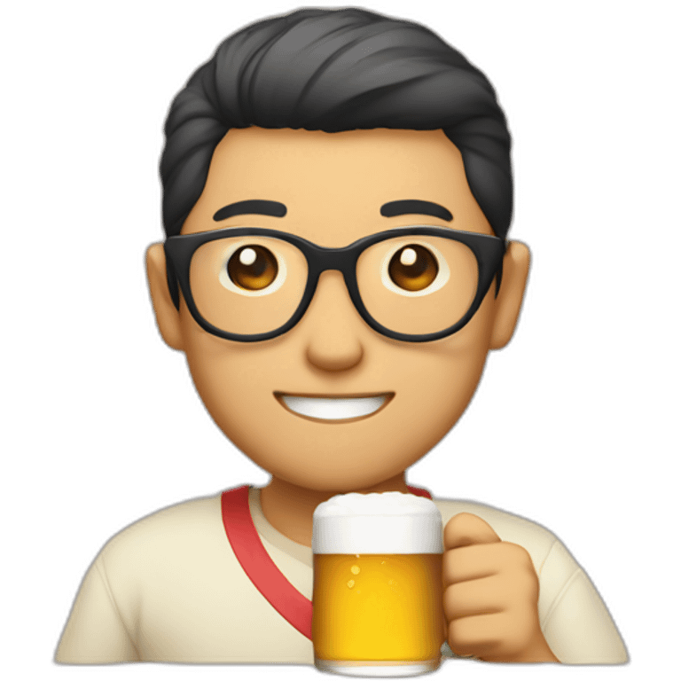 Japanese wearing roundglasses alohashirt is holding beer emoji