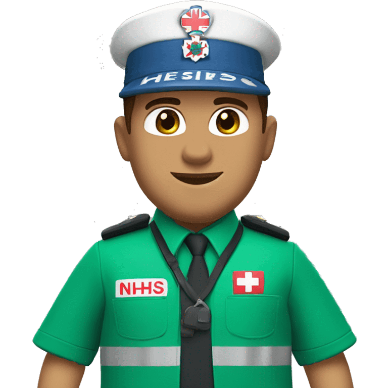 Male paramedic, uk ambulances service green uniform with NHS logo and ambulance crown crest on pockets, brown hair, light tanned skin emoji