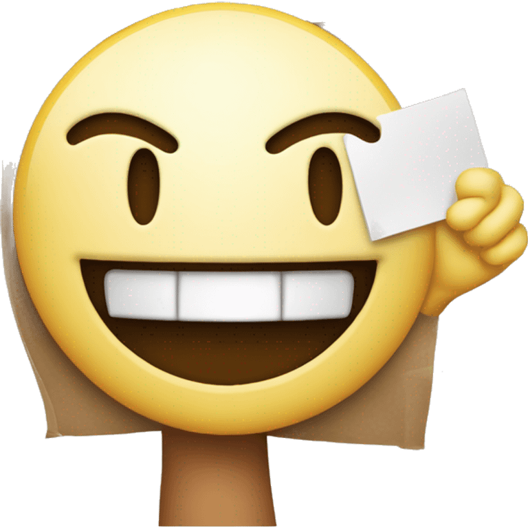 fake big smile emoji holding a sign that says “hahahaha… pls help me” emoji