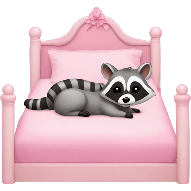 princess style bed with sleeping cute racoon wearing pink bow on head in it emoji