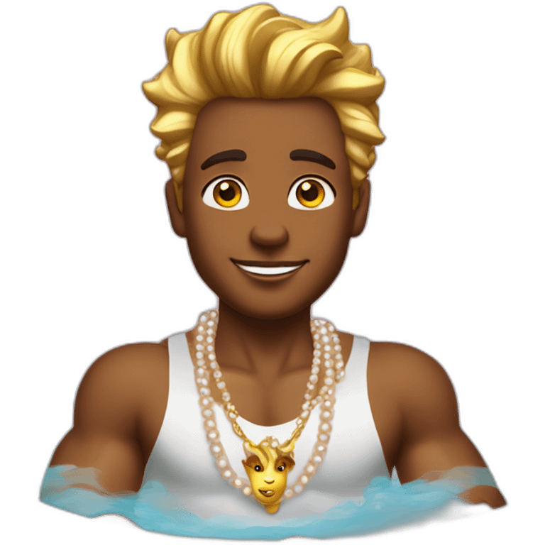 posh-muscle-boy-with-pearl-necklace-and-rainbow-unicorn-hair-in-golden-bathtub emoji