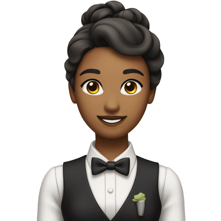 a female butler with a professional and elegant demeanor. She has her hair neatly tied in a ponytail and wears a classic butler uniform, including a tailored vest, crisp white shirt, and bow tie. emoji