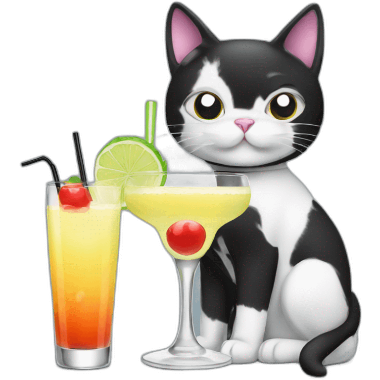 black and white cat with cocktail emoji