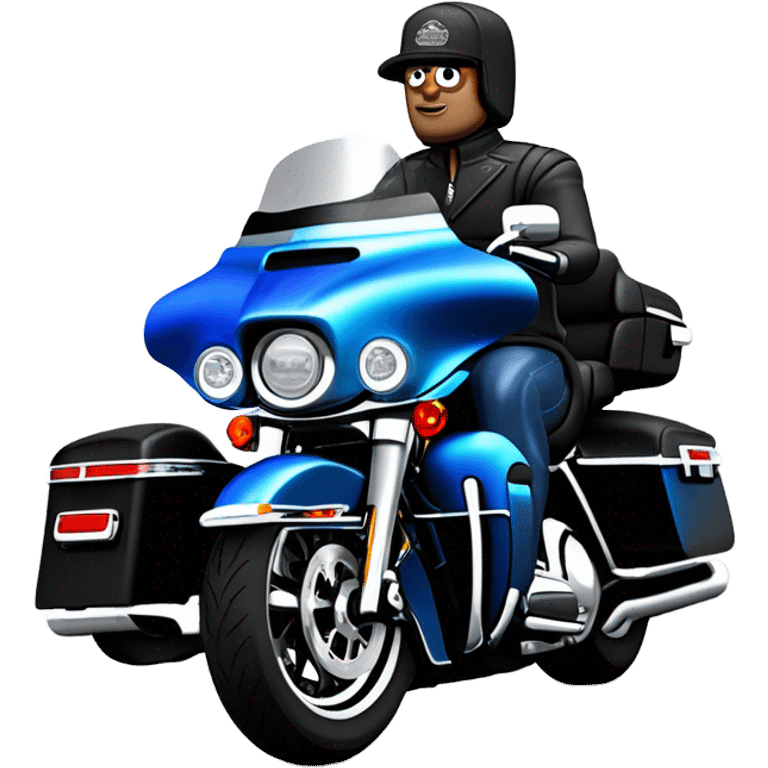 angled view of a harley davidson electra glide ultra classic with big blue pearl and vivid black two color paint scheme with midsize recurve windshield, two antennaes, and an older white man without a helmet sitting on the front seat. emoji