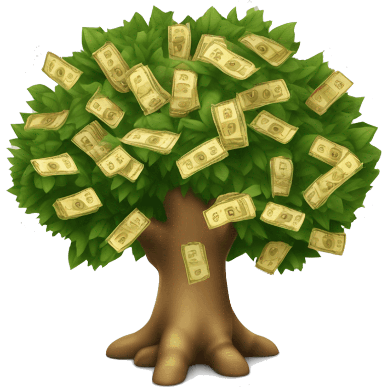 Arbre avec des billets de 100€ et des pièces en or au milieu des feuilles emoji