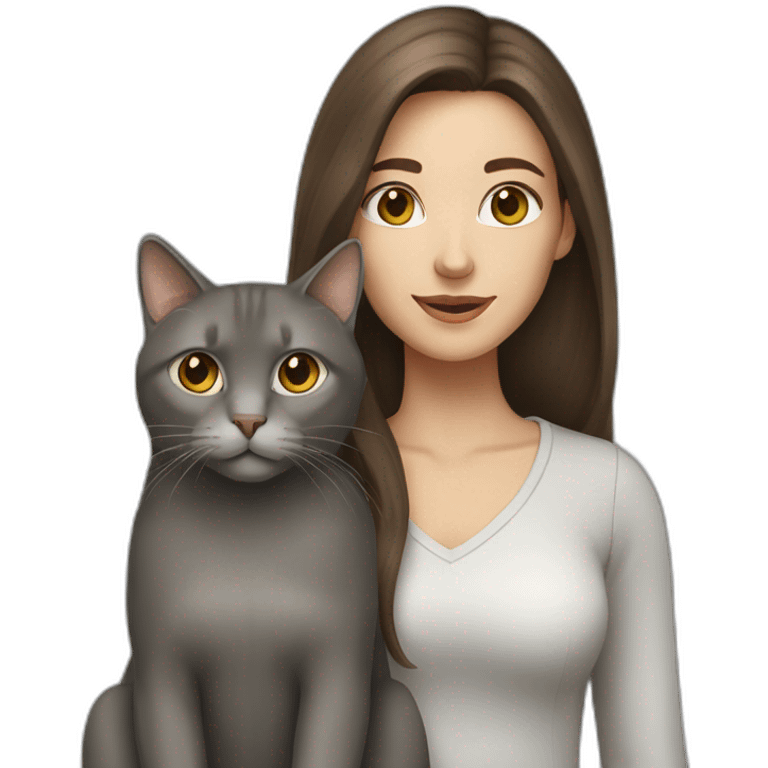 woman with  long brown hair with  her Grey cat emoji