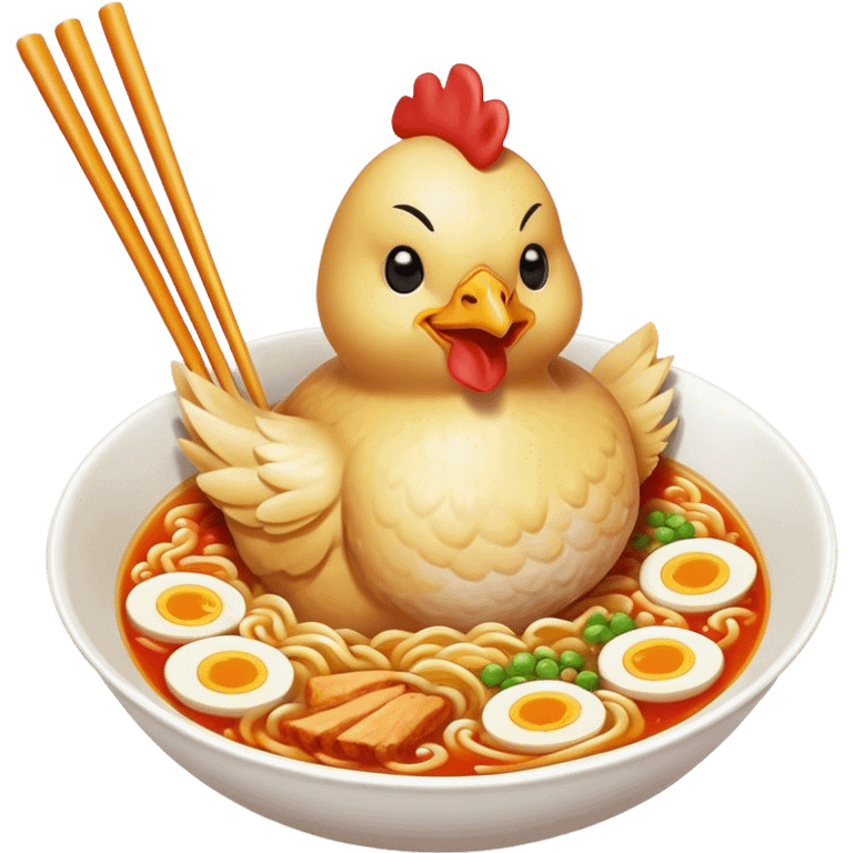 a chicken eating a ramen emoji