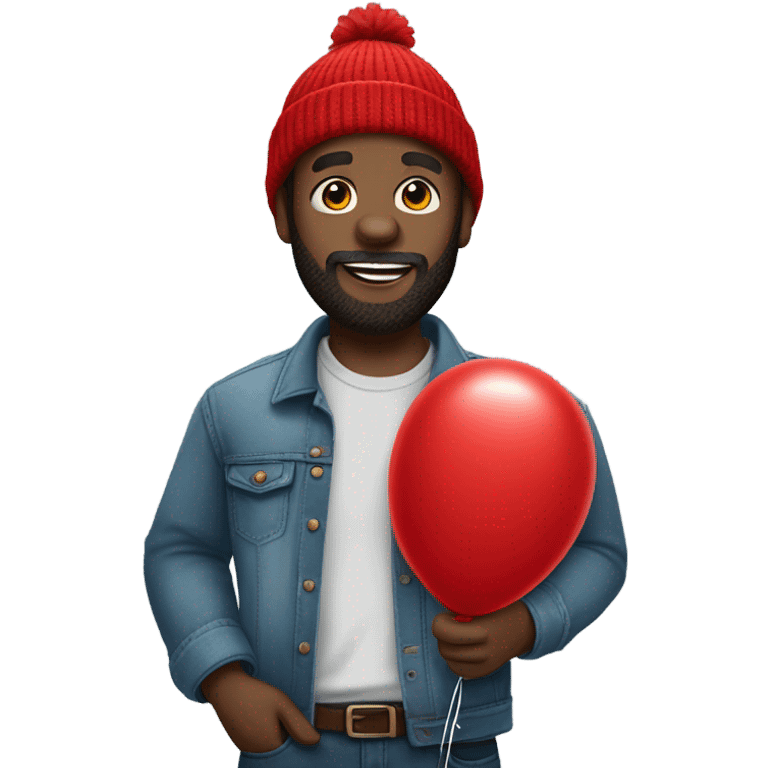 beard black guy with red beanie jean shirt and red balloon in hand emoji