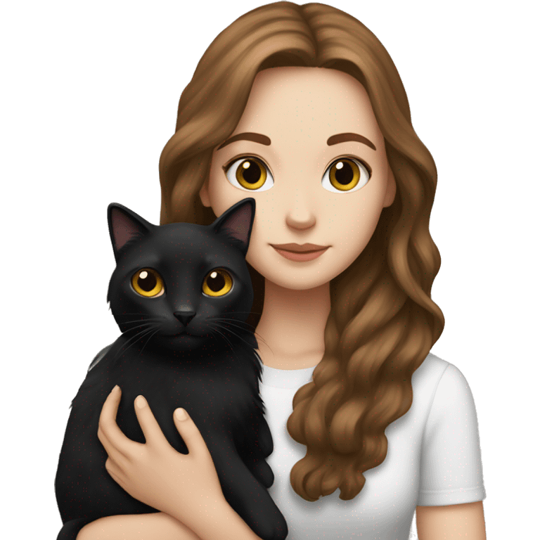 white girl with long brown hair holding fluffy black cat emoji