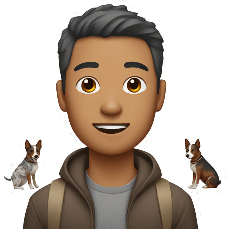 Asian man with brown/grey Australian cattle dog  emoji