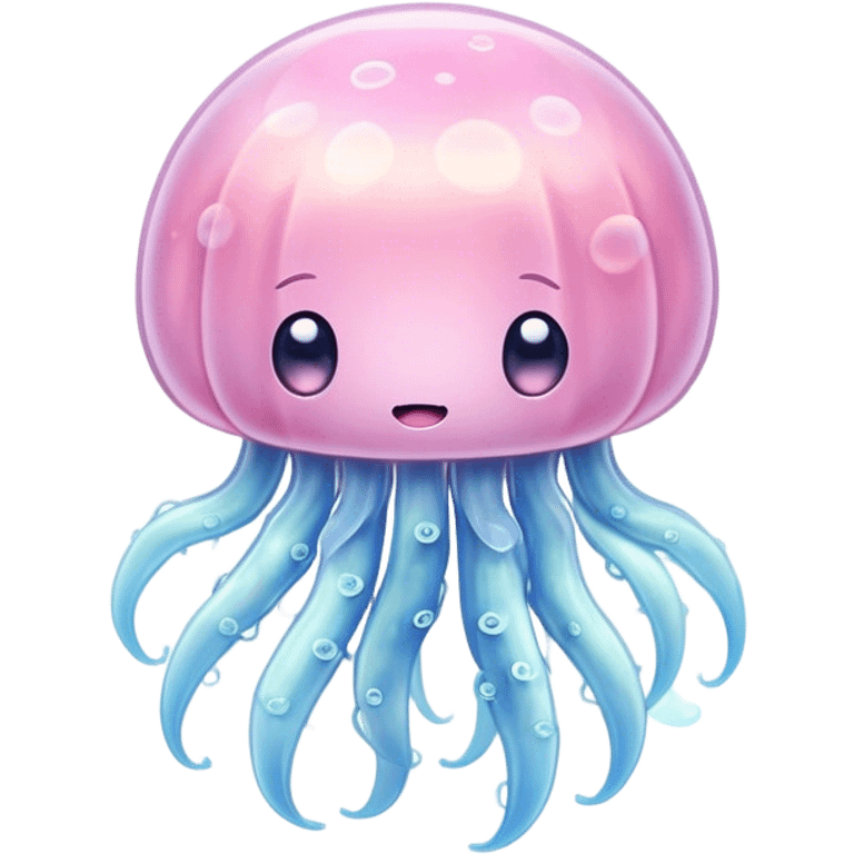 Cinematic floating kawaii jellyfish, tiny round body, soft glowing tentacles, pastel pink and blue hues, delicate sparkling highlights, dreamy and adorable. emoji