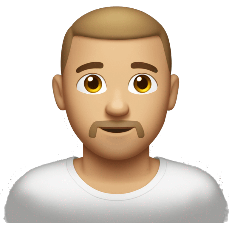 short, light brown hair, a neat buzz cut, and a thin goatee. He is wearing a plain white t-shirt emoji