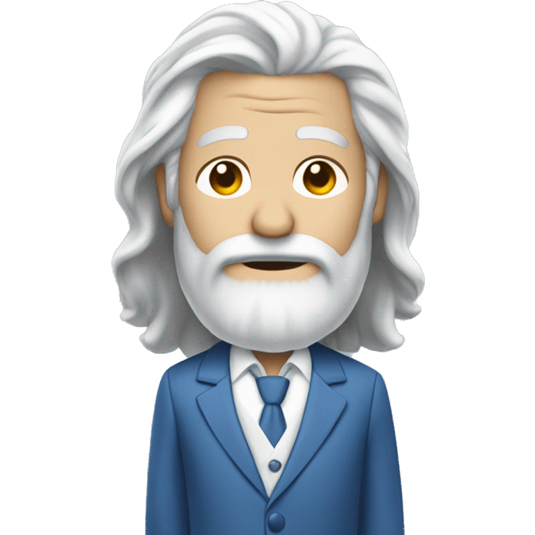 light gray hair man with long hair, light gray beard, open white shirt under a blue suit, holding in his hand a towel upon his head emoji