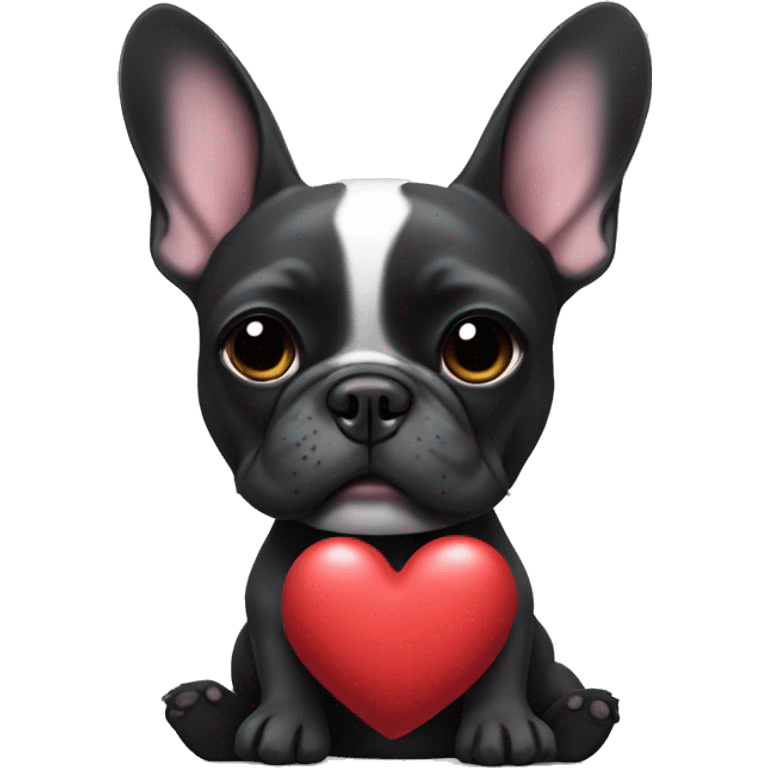 Black french bulldog with a tiny white mark on chest. Holding a heart pillow  emoji