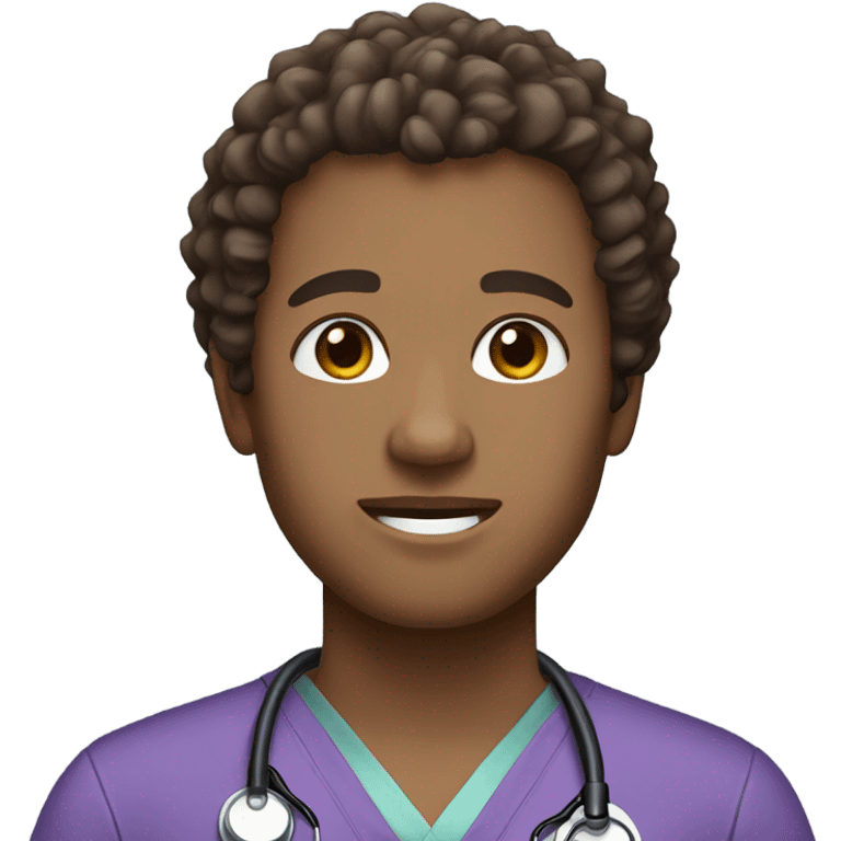 Doctor with brown curly hair and purple scrubs emoji