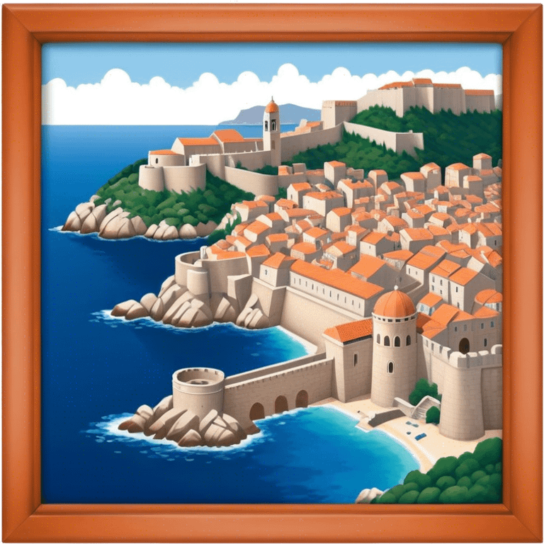 Cinematic Realistic Dubrovnik Landmark Emoji, showcasing the historic walled city with its terracotta rooftops, stone fortifications, and the deep blue Adriatic Sea stretching beyond. emoji