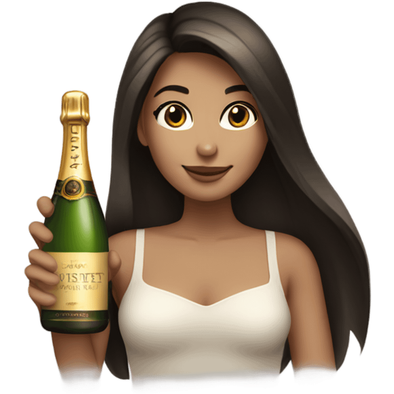 girl with long dark brown hair and brown eyes with bottle of champagne  emoji