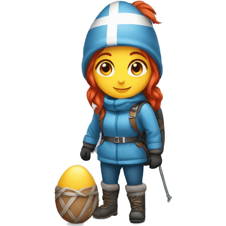 female winter mountaineer red hair with greek flag and easter egg emoji