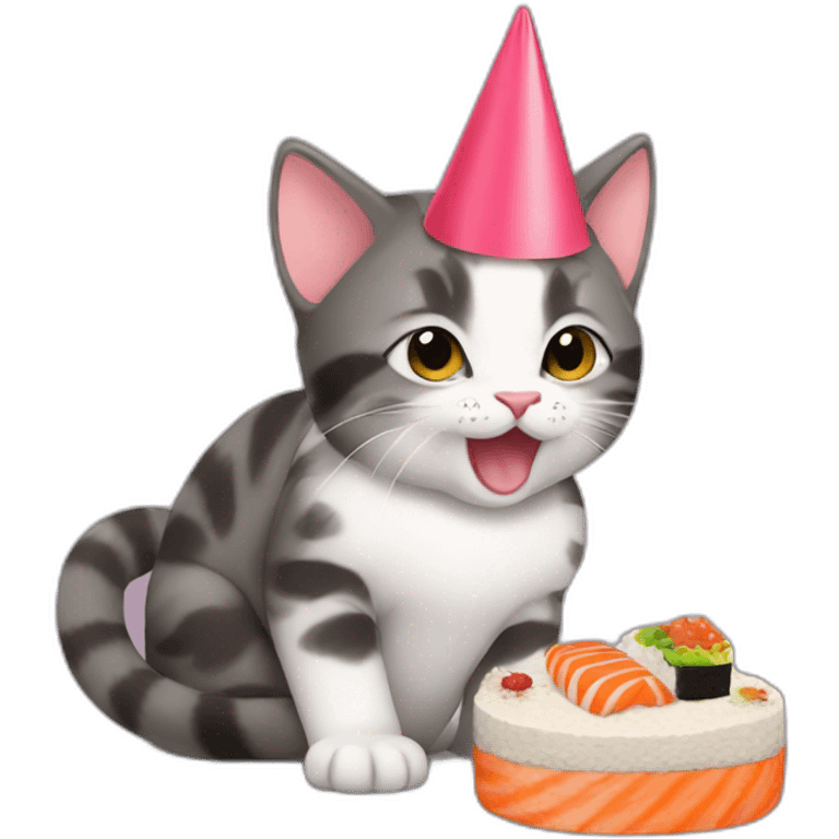 kitten eating sushi cake with a party hat on emoji