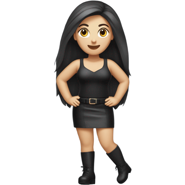 Caucasian Curvy woman with long dark straight hair wearing Mini black leather skirt hyper-realistic  emoji