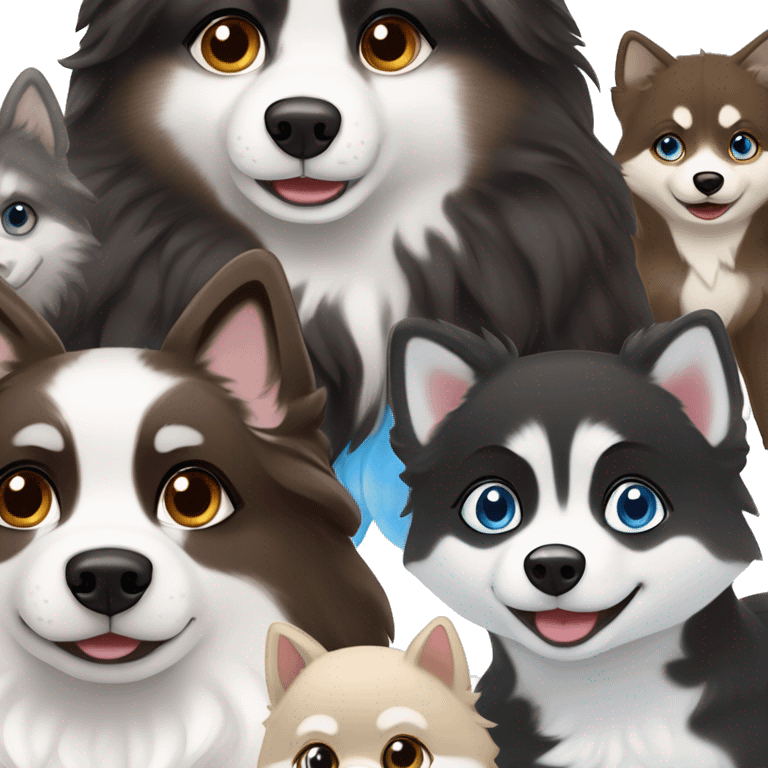 White girl with blue eyes and short dark brown wavy hair, next to a black and white pomsky with blue eyes emoji