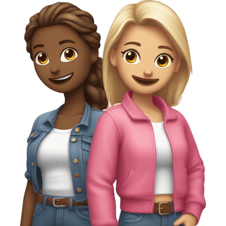 Una amiga blanca y una morena sonriendo juntas con ropa rosada emoji