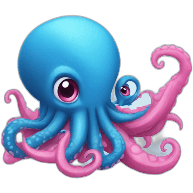 an adorable blue kraken fighting  has another pink kraken  adorable emoji