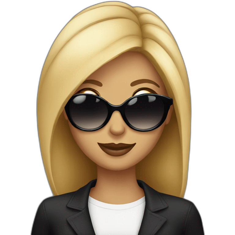 Beautiful woman in black sunglasses talking emoji