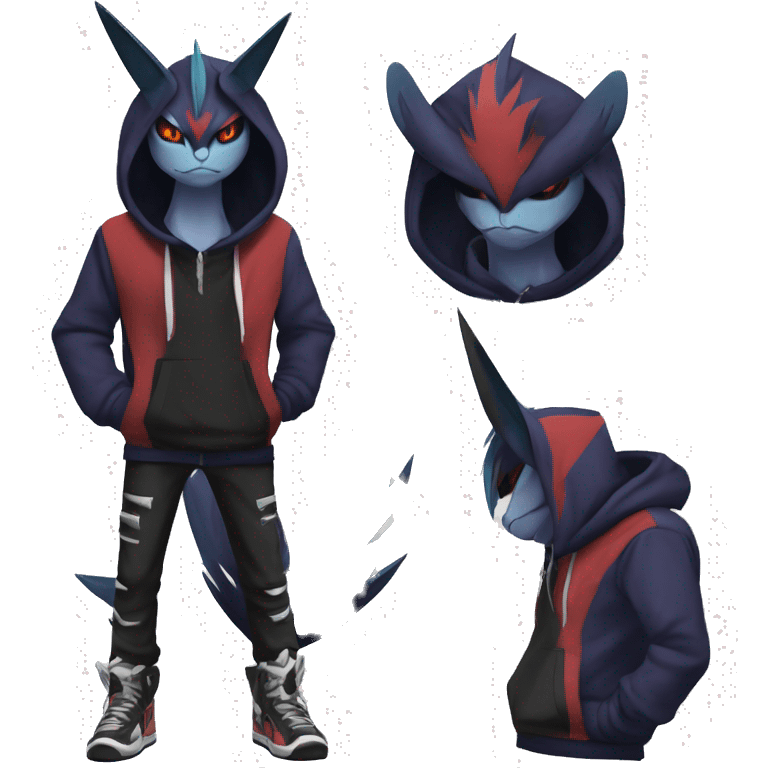 Cool Dark Edgy Absol-Noivern-Quilava-Litten-Pokémon with edgy stripes hoodie spiked collar punk Full Body emoji