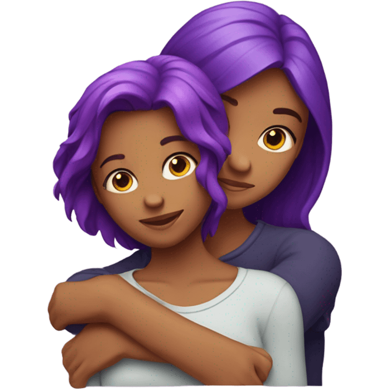  2 girls, One with red hair one with purple hair, hugging emoji